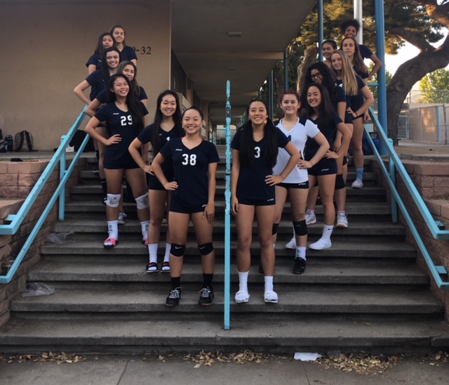 Girls volleyball team posing for photo.