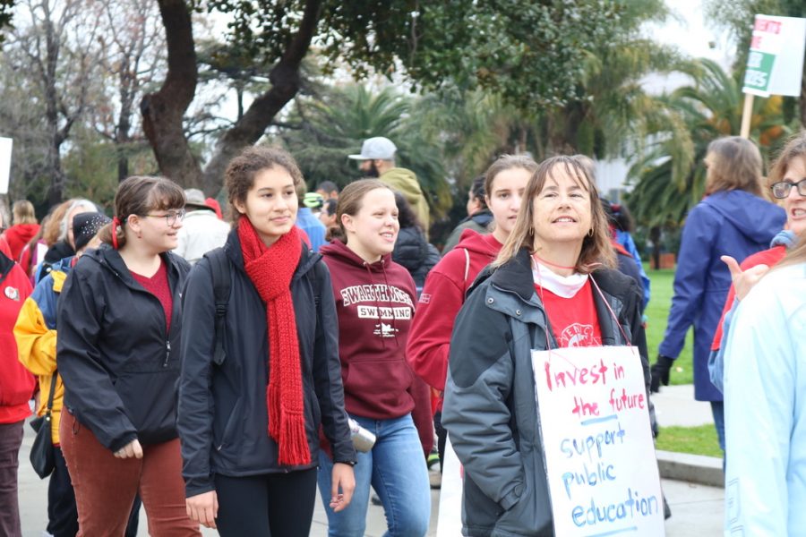 Ms. Zubiri marches in front of Venice High followed by student supporters in teachers strike January 2019.