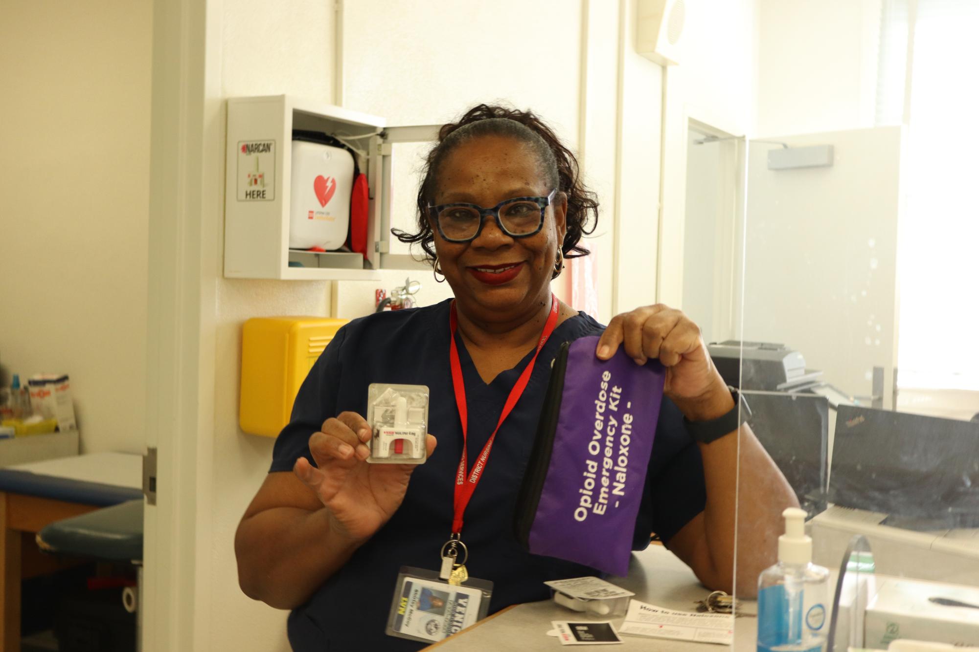 Just in case: Nurse Shirley McCoy shows off Venice High's Opioid Overdose Emergency Kit located in the nurse's office.